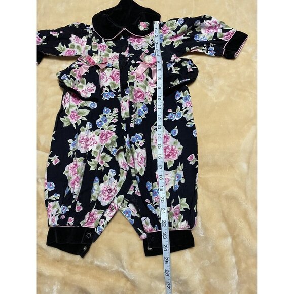 Floral Canvas Velvet Romper Buttoned Closure Bottom Jogger Vintage 6-9 Months - Picture 8 of 10